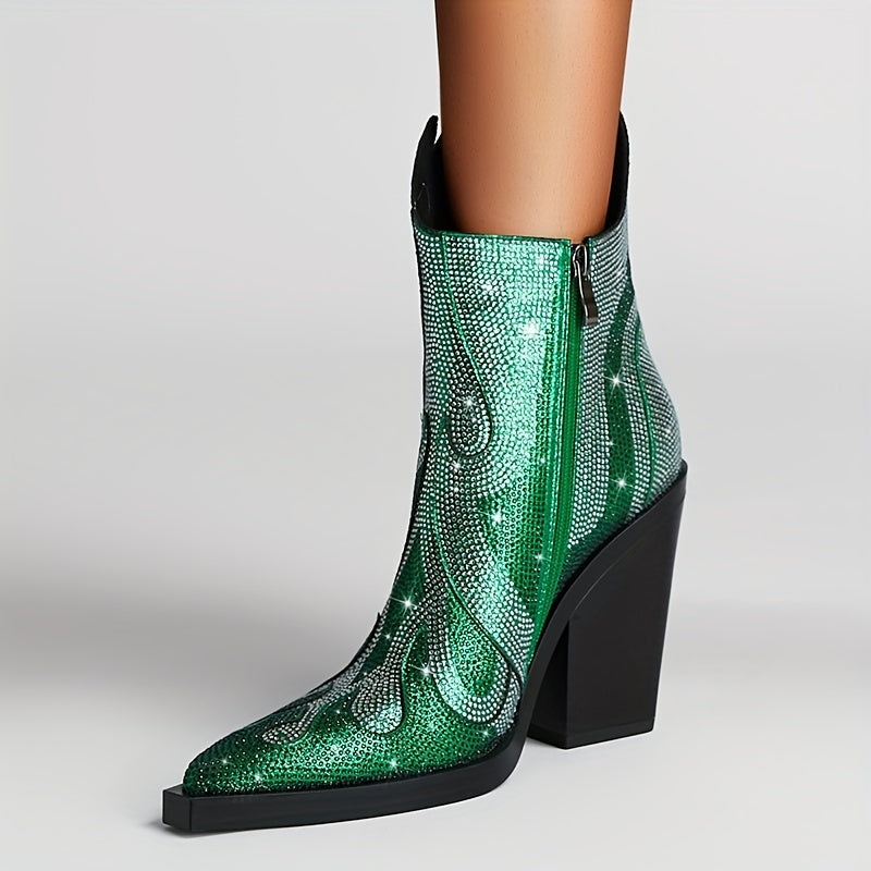 Women's Rhinestone Decor Flame Boots Party Chunky Heels