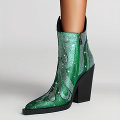 Women's Rhinestone Decor Flame Boots Party Chunky Heels