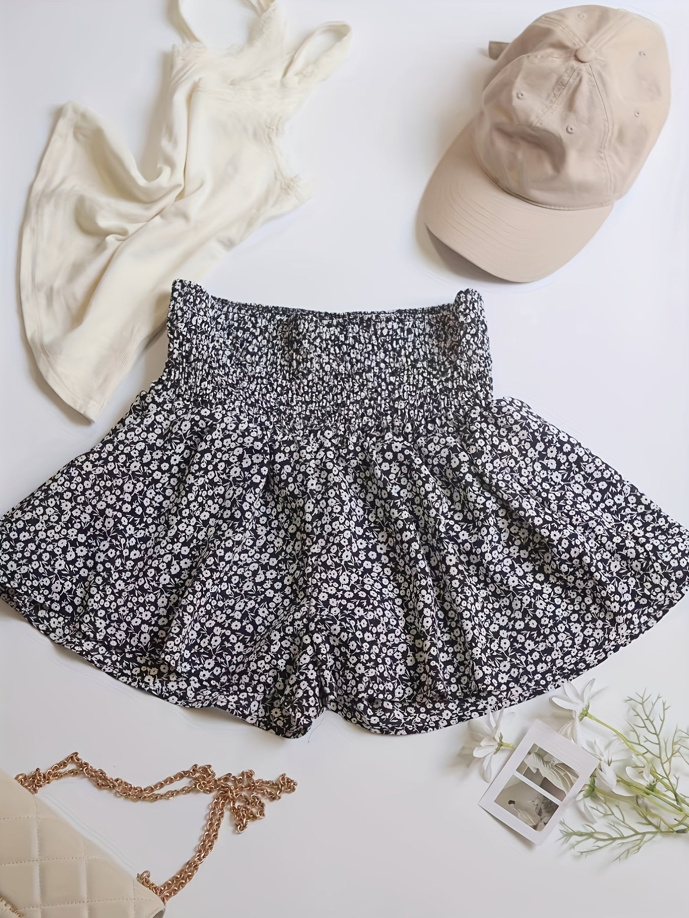 Boho Ditsy Floral Print Skorts Shorts Casual High Waist Ruched Summer Shorts