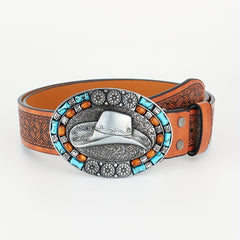 Western Cowboy Vintage Belt Embossed Leather Belt Bohemian Style Hat Buckle
