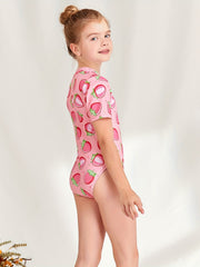 Girl's Strawberry Pattern Onesie Swimsuit Tankini Short Sleeve Bathing Suit