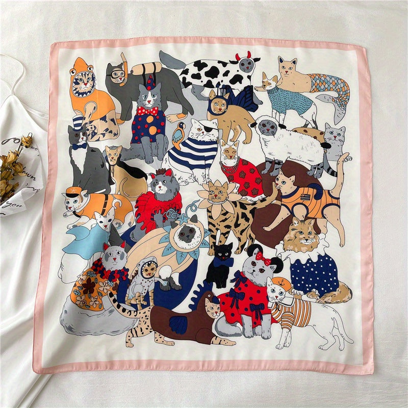 70 0cm Cat Cartoon Pattern Square Scarf Silk Feeling Headband For Women