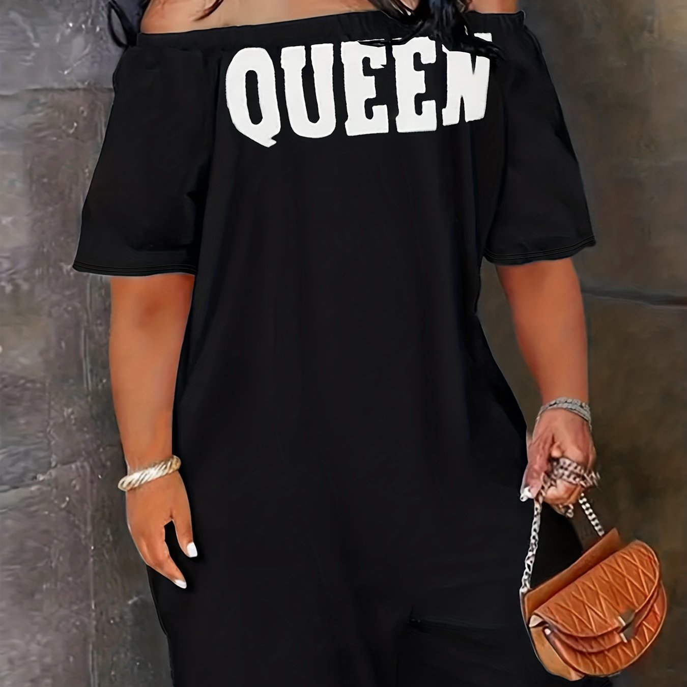 Casual Romper Women's Plus Letter Print Off Shoulder Romper