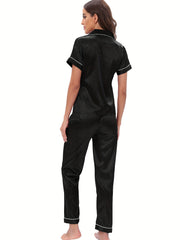 Satin Pajama Set Short Sleeve & Elastic Waistband Pants Women's Sleepwear