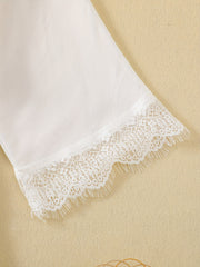 Lace Trim Night Robe Scallop Trim V Neck Robe With Belt Women's Sleepwear