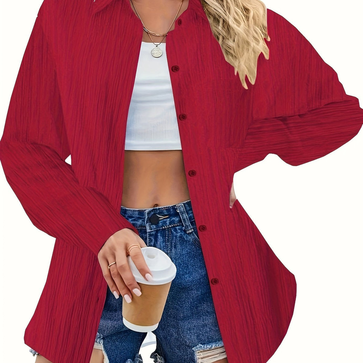  Ribbed Long Sleeve Button Up Blouse