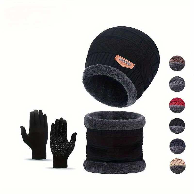 Winter Knitted Hat Scarf Gloves Set For Women Men Velvet Lining Warm Beanie