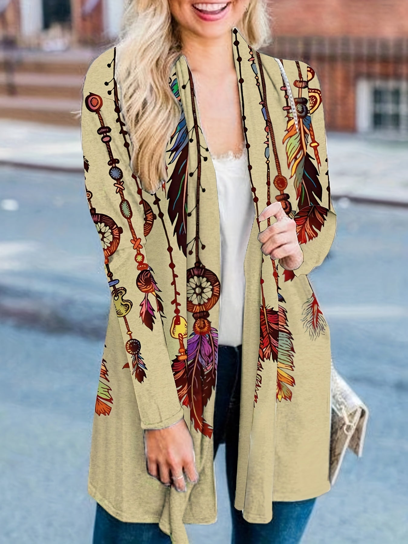 Boho Feather Print Plus Size Cardigan