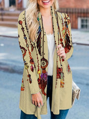 Boho Feather Print Plus Size Cardigan