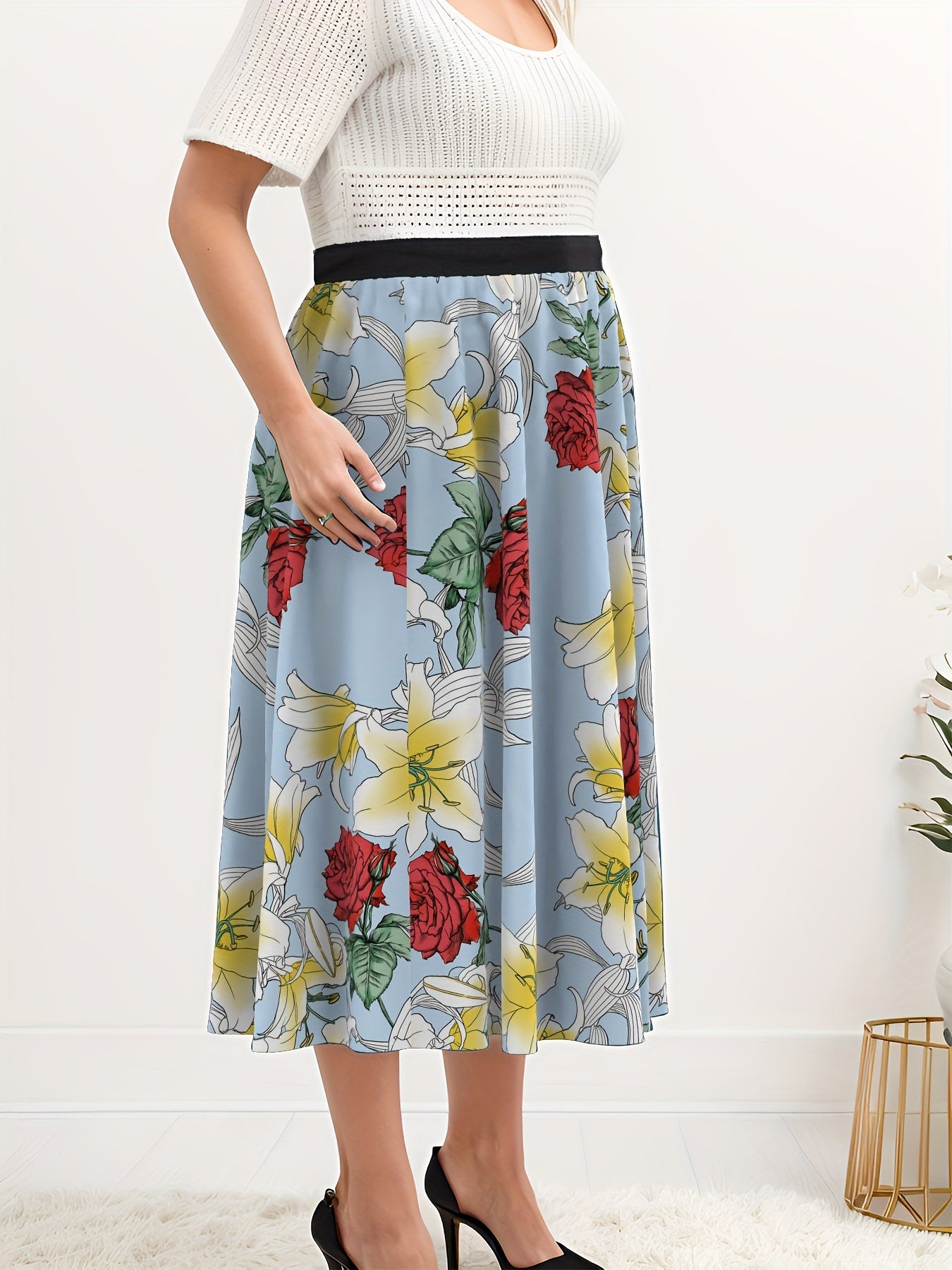  Skirt Women's Plus Rose & Lily Print Elastic High Waist Skirt