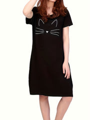 Kitty Print NightDress Short Sleeve Crew Neck Sleepwear Pajama Dress