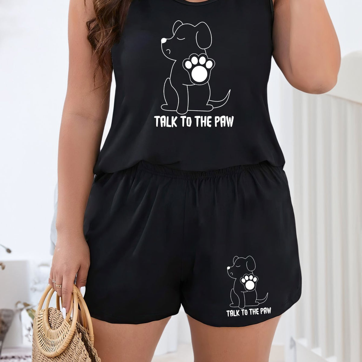  Women's Dog Print Pajama Set Round Neck Tank Top & Shorts