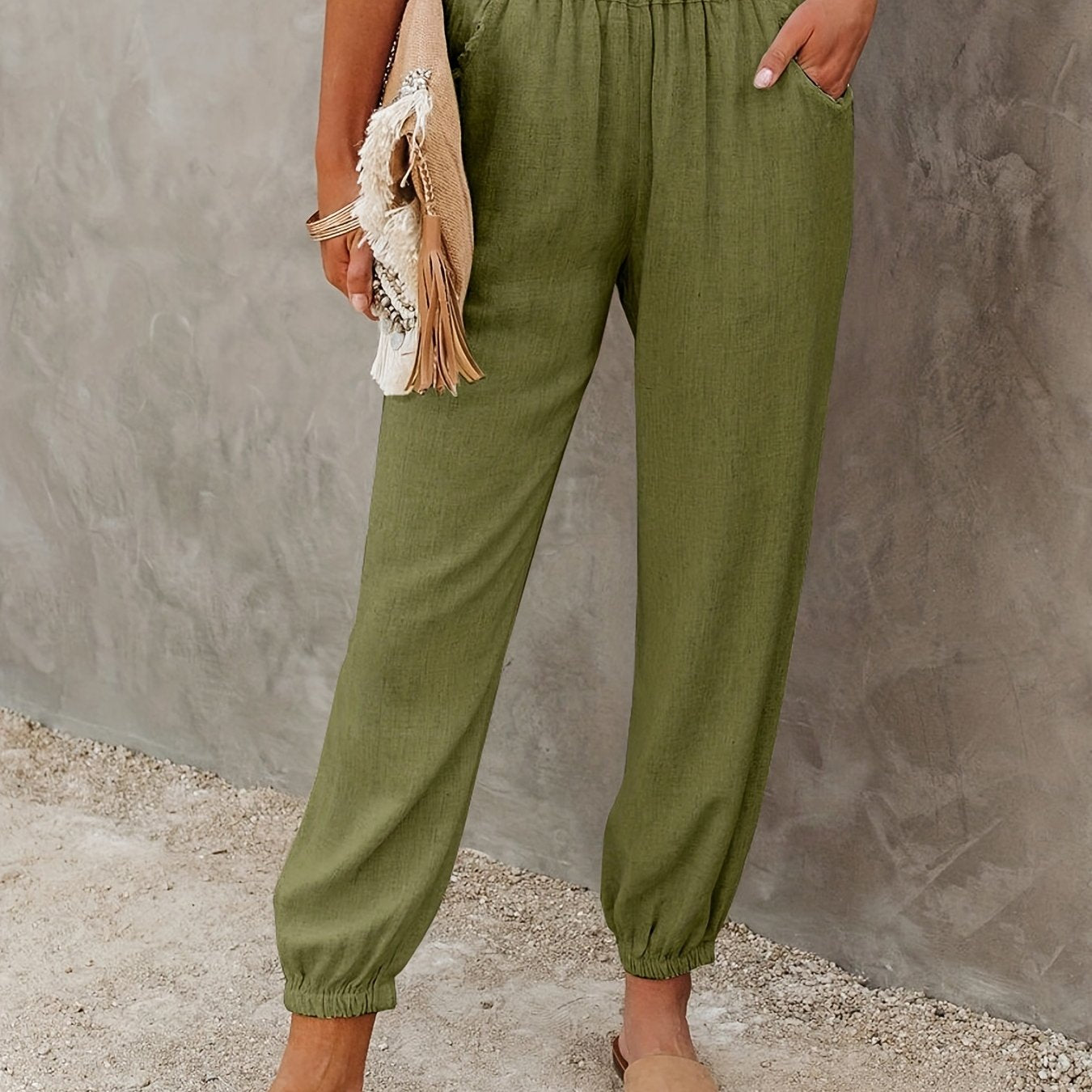  Solid Elastic High Rise Loose Fit Jogger Trousers With Pockets
