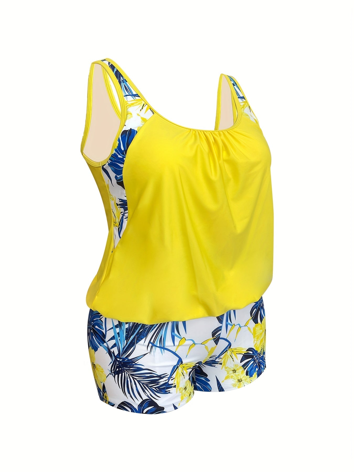  Colorblock Tankini Set Tropical Print Round Neck Swimsuit 2-Piece