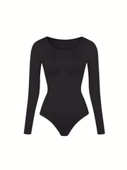 Seamless Solid Shaping Bodysuit Long Sleeve Crew Neck Slimming Body Shaper