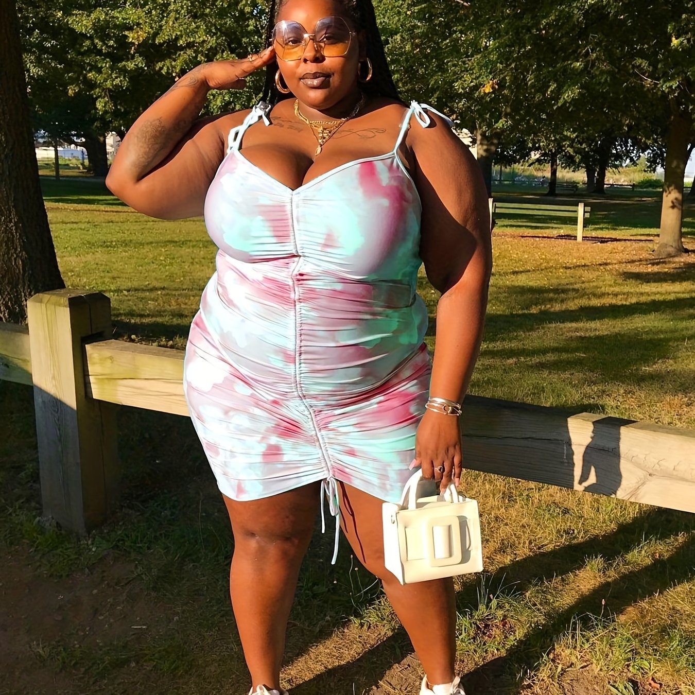  Tie Dye Tie Shoulder Drawstring Mini Cami Dress