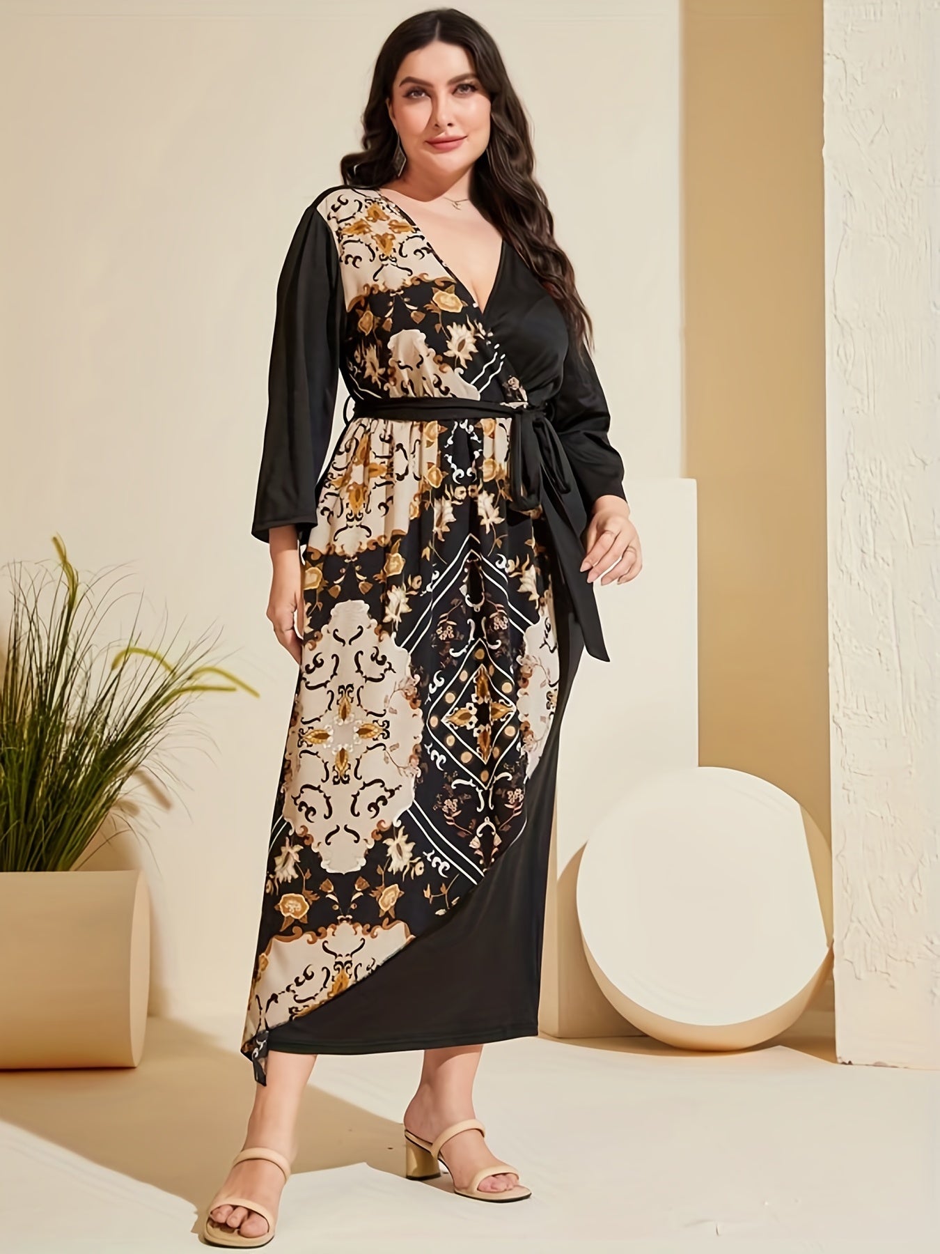  Boho Dress Women's Plus Colorblock Floral Print Long Sleeve
