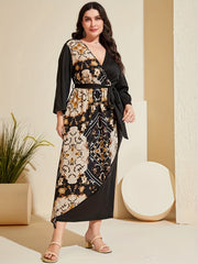  Boho Dress Women's Plus Colorblock Floral Print Long Sleeve