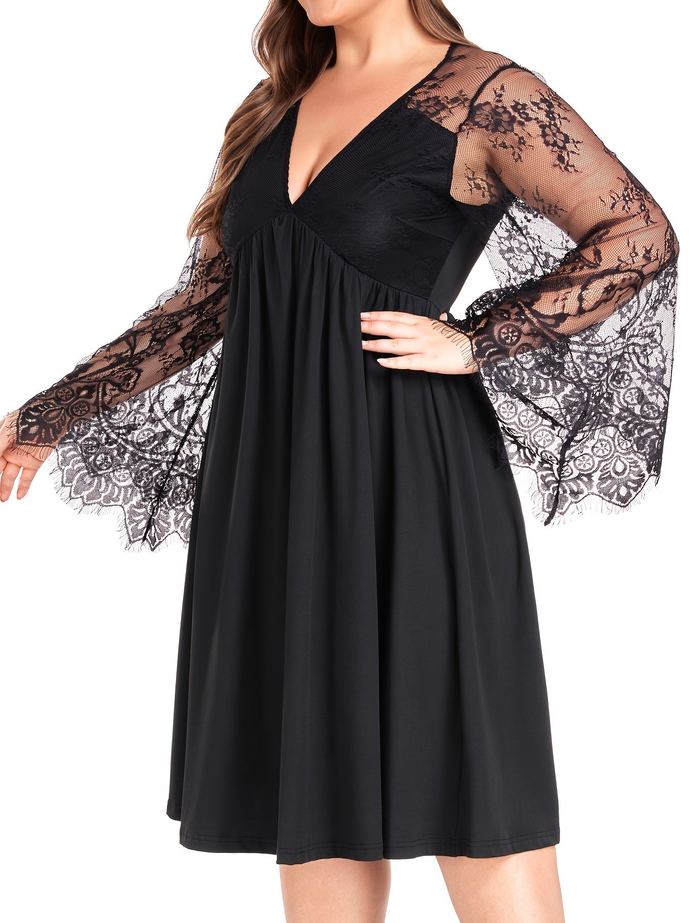  Sexy Dress Women's Plus Solid Contrast Lace Bell Sleeve V Neck Medium