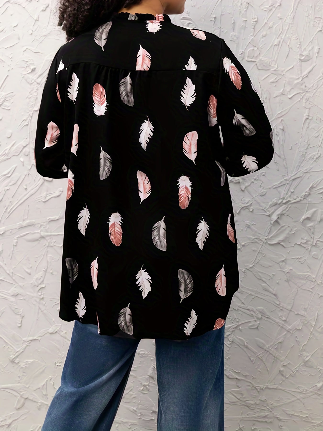  Casual Blouse Women's Plus Feather Print Long Sleeve