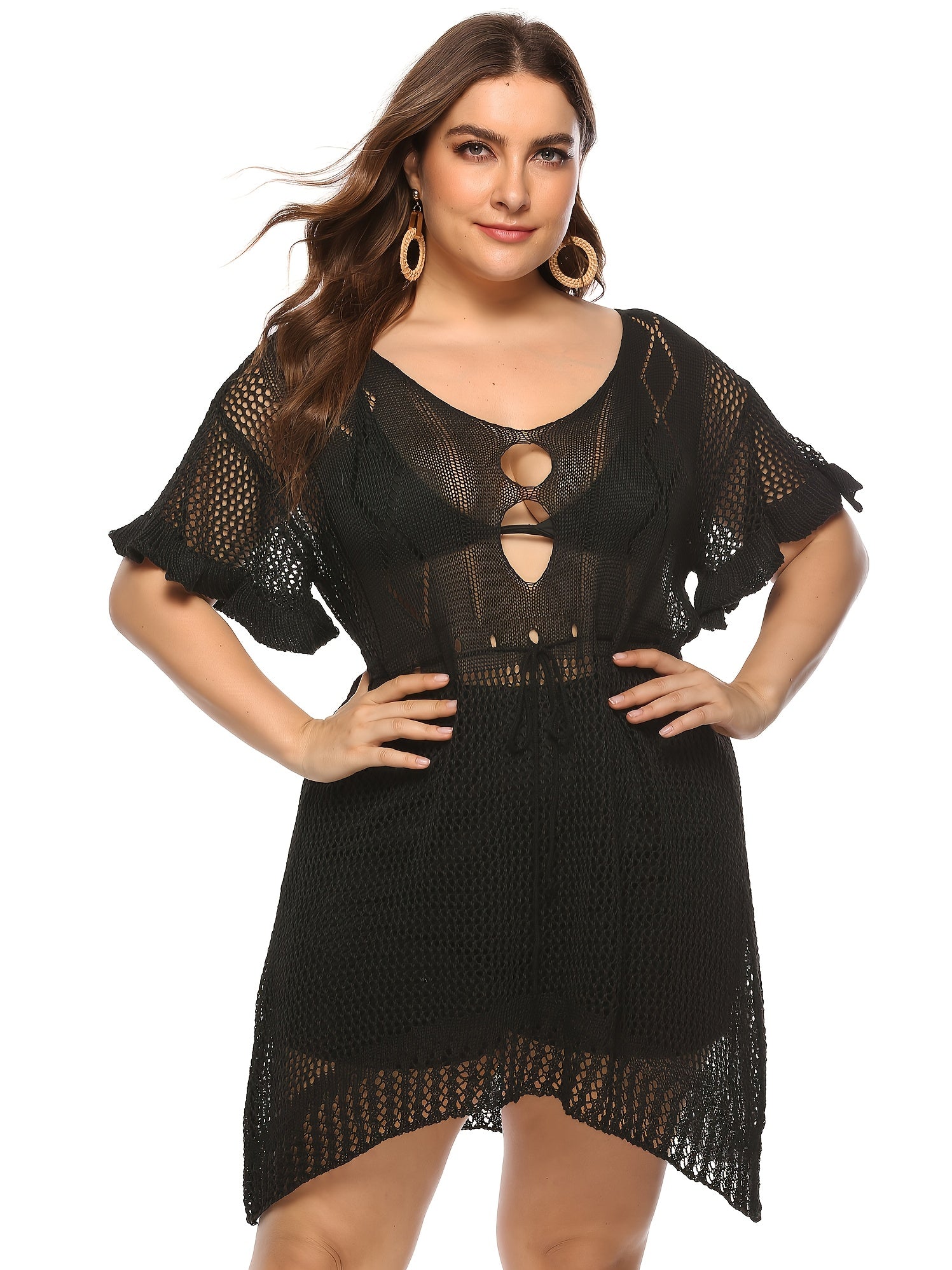  Semi Sheer Cover Up Dress with Mesh Contrast