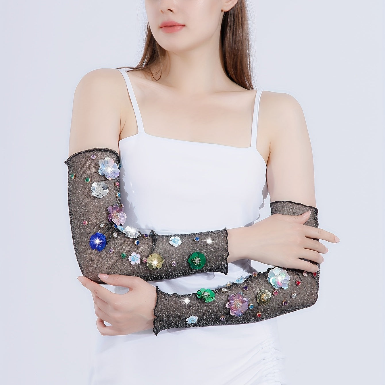 Y2K Sequin Flower Decor Gloves Ruffles Mesh Breathable Dress Women