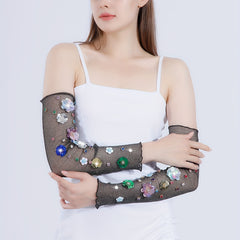 Y2K Sequin Flower Decor Gloves Ruffles Mesh Breathable Dress Women