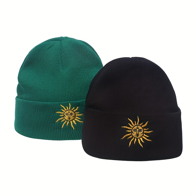 Boho Sun Embroidery Beanie Dark Green Vintage Elastic Knit Hat