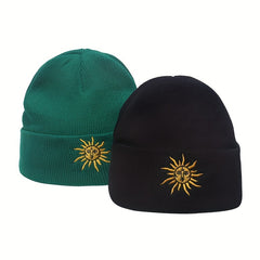 Boho Sun Embroidery Beanie Dark Green Vintage Elastic Knit Hat