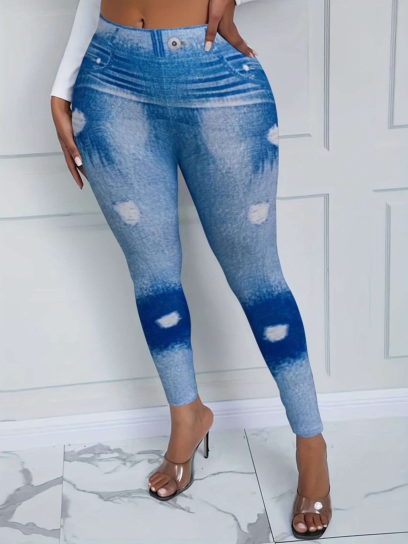  Denim Print High Rise Leggings