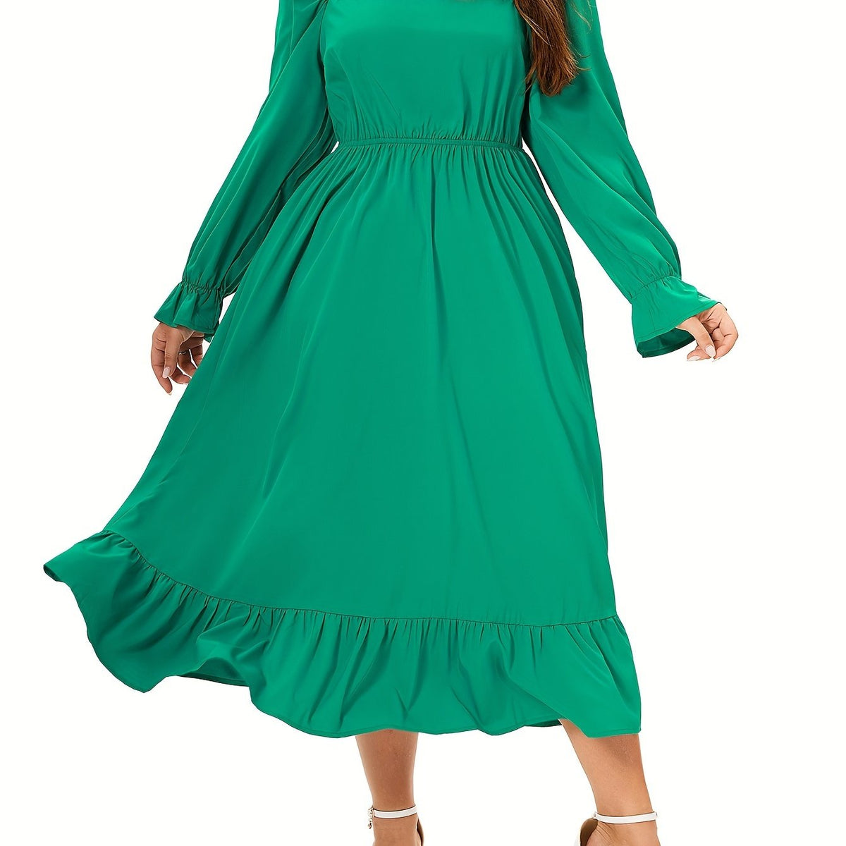  Solid Flounce Sleeve Square Neck Smock Dress