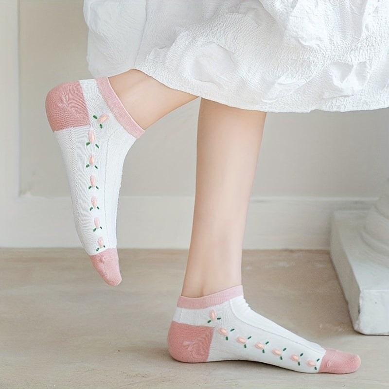 5 Pairs Floral Print Low Cut Ankle Socks Women's Stockings