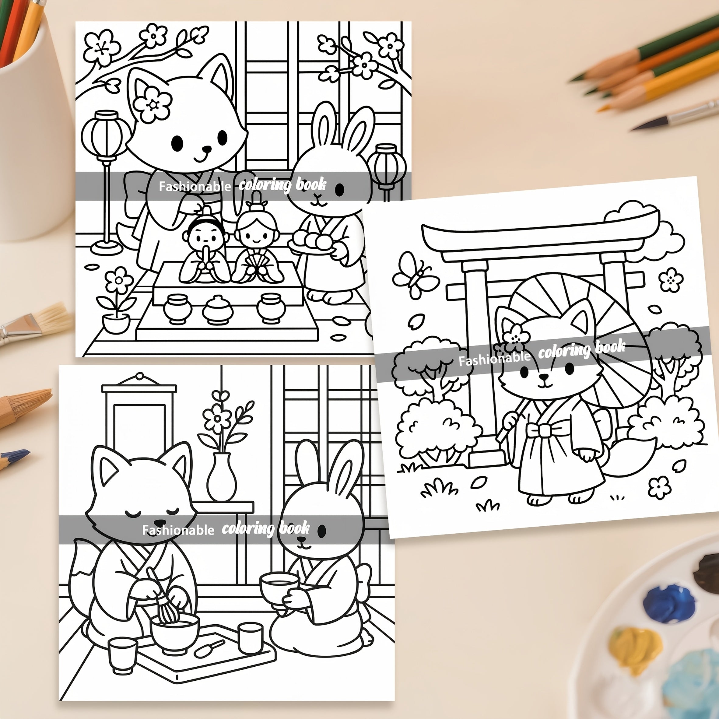 Japanese Anime Coloring Book with Fox in Kimono, Cherry Blossoms & Lanterns
