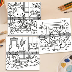 Japanese Anime Coloring Book with Fox in Kimono, Cherry Blossoms & Lanterns