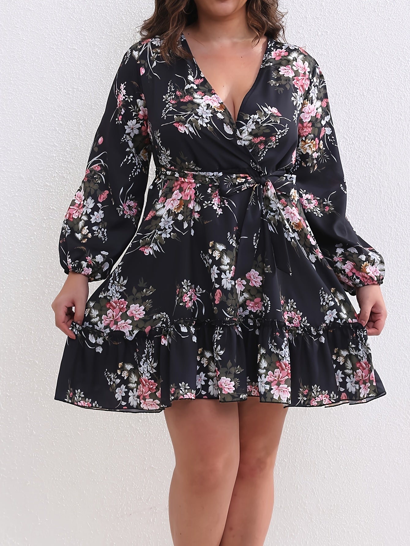 Floral Print Lantern Sleeve Plus Size Mini Dress With Belt