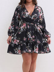 Floral Print Lantern Sleeve Plus Size Mini Dress With Belt