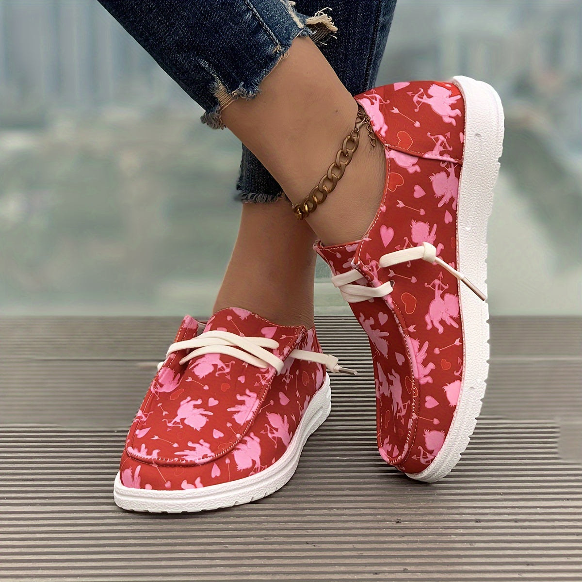 Women's Skateboard Shoes Cupid & Love Pattern Flat Lace-up Canvas