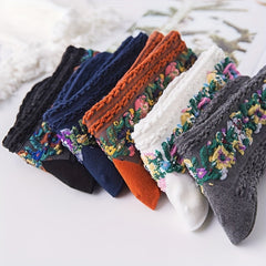 Floral Print Socks Retro Court Style Mid Tube Women's Stockings