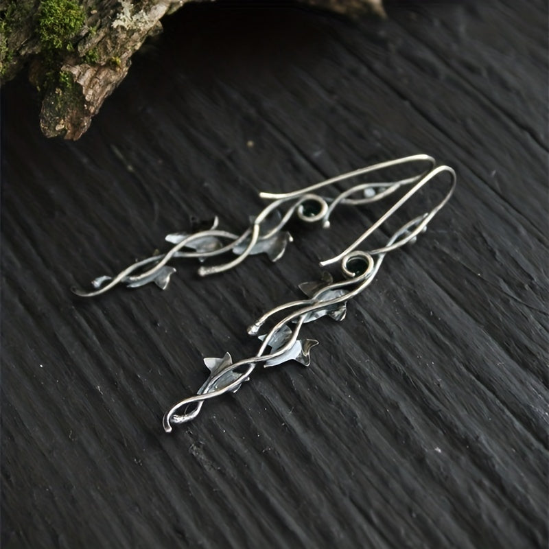 Men's Silver Leaf Dangle Earrings with Colorful Gemstones