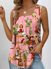  Western Tank Top Women's Cowboy Print Pleated Tank