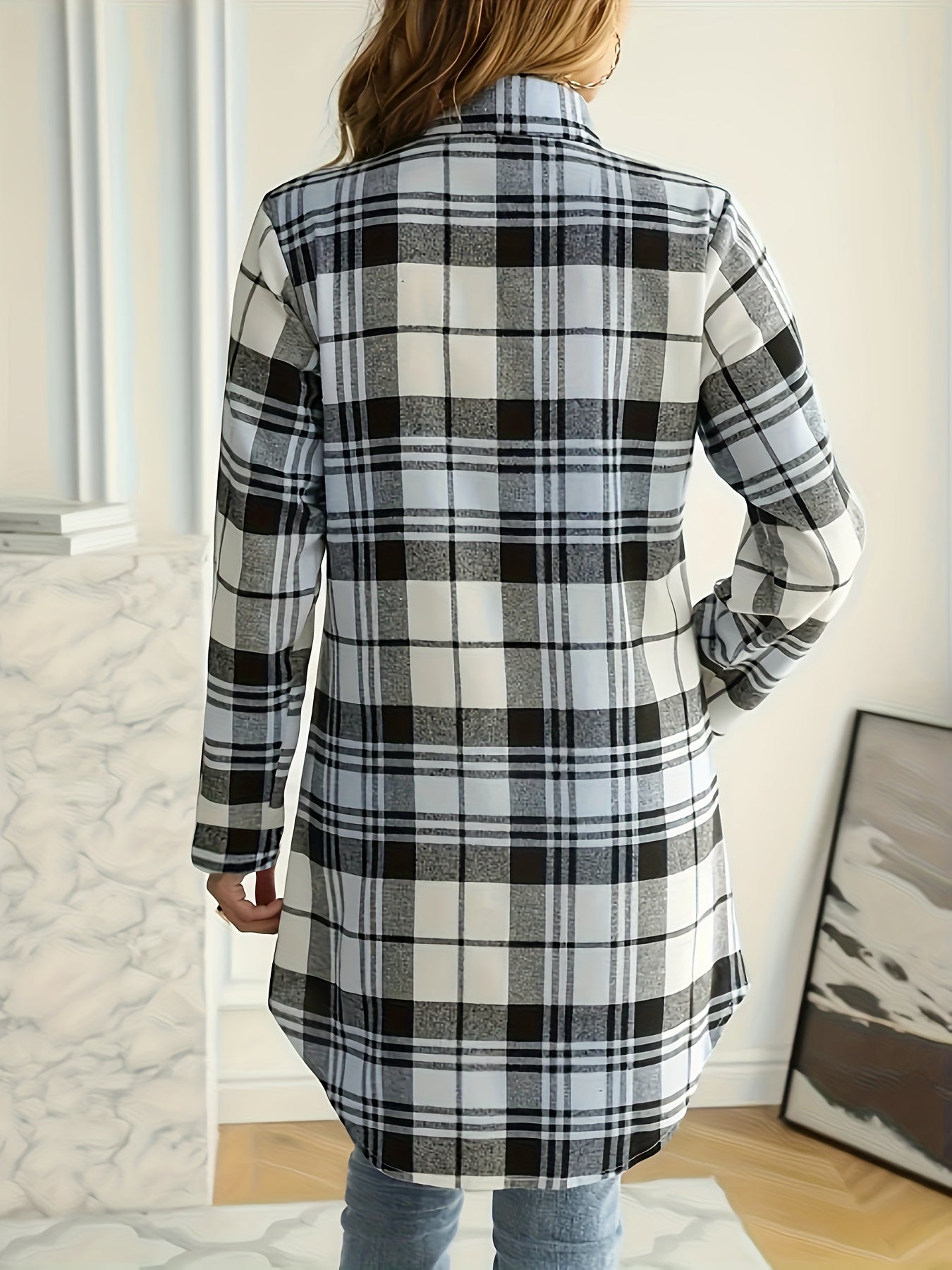  Plaid Print Button Up Long Sleeve Blouse