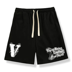 Men's Big V Letter Print Casual Drawstring Shorts