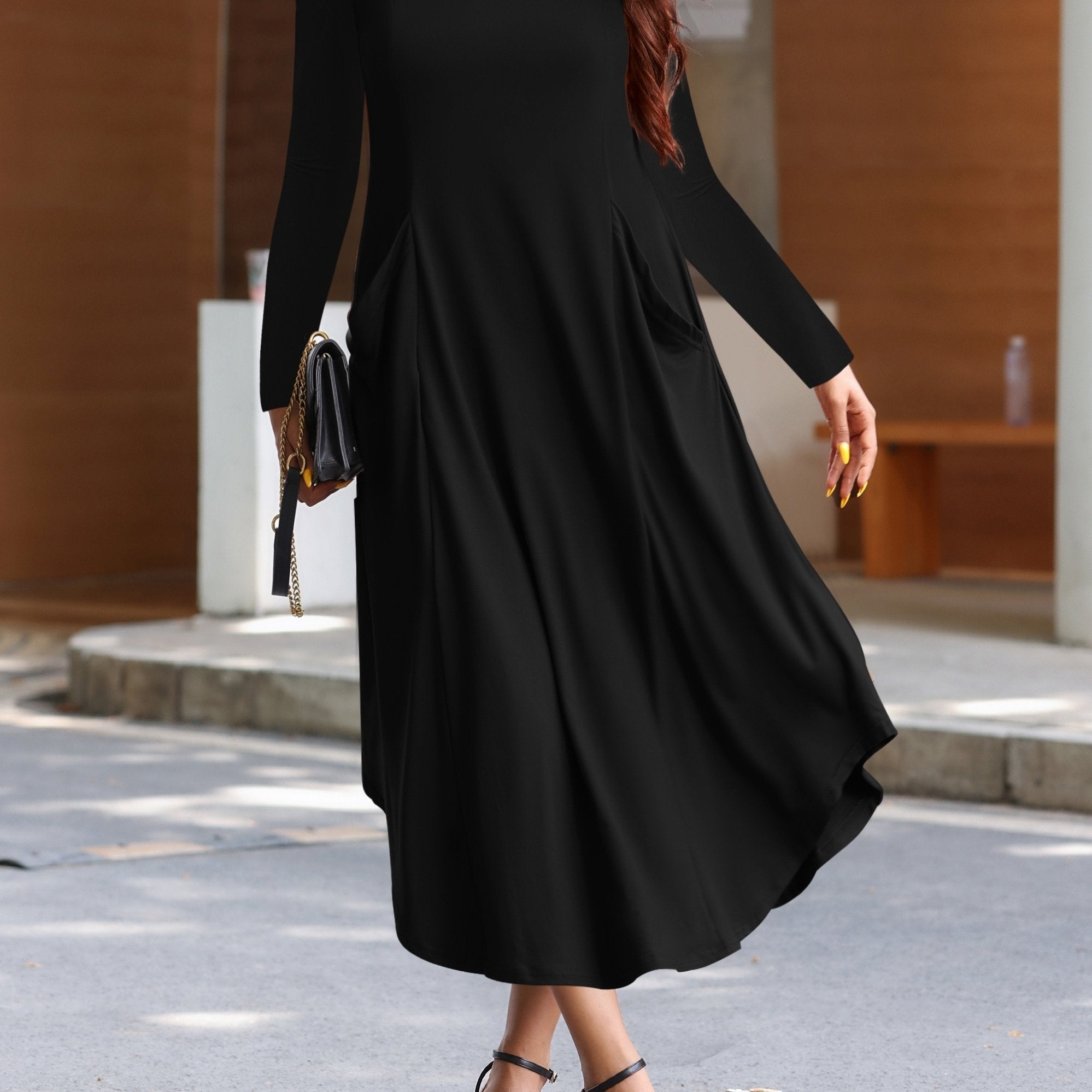  Solid Long Sleeve Casual Dress with Pockets