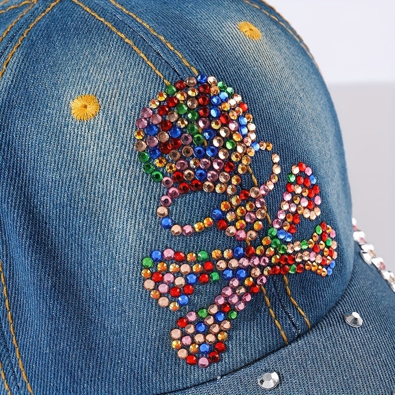 Skull Decor Baseball Cap Denim Distressed Dad Hat Sun Hats For Women