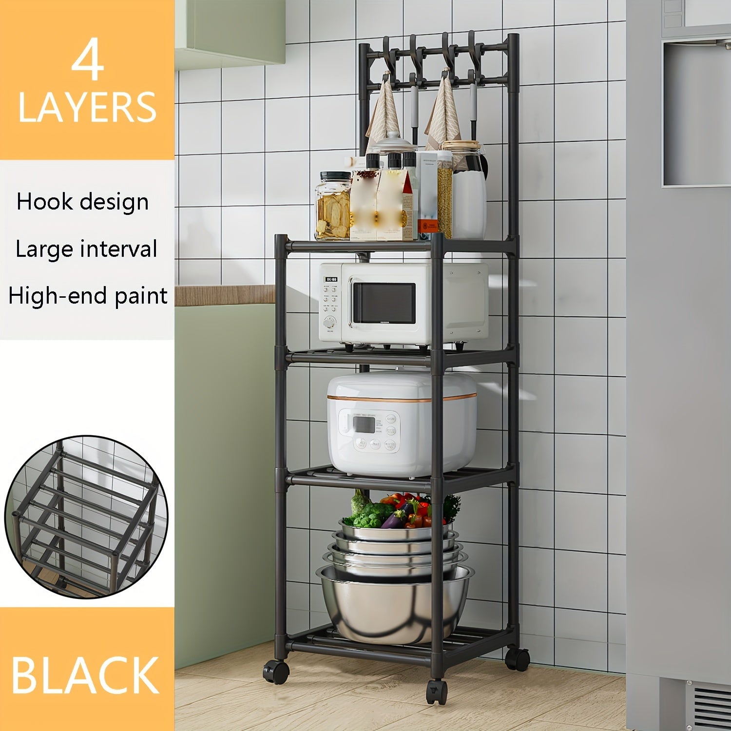 4 Layer Kitchen Storage Rack With Pulleys & Hooks Standing Rack
