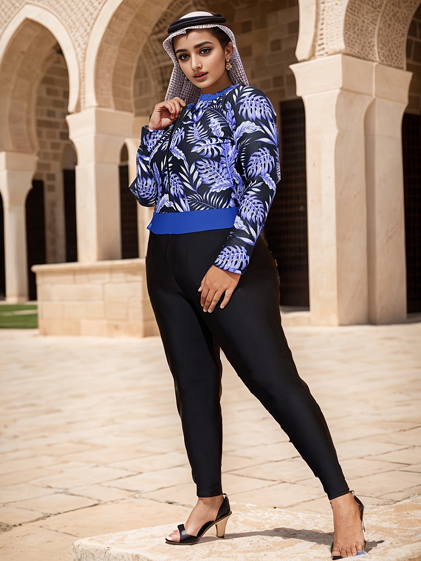  Tropical Print Zip Front Diving Top