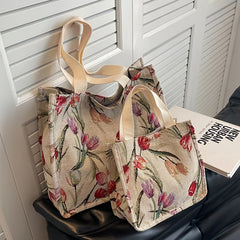 Flower Graphic Tote Bag Canvas Shoulder Bag Large Capacity Handbag
