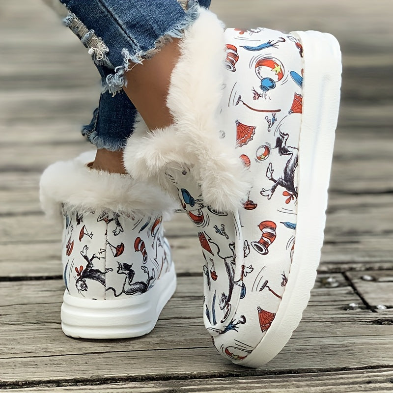 Cartoon Pattern Plush Lined Thermal Furry Snow Boots