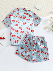 Girls Cherry Print Short Sleeve Shorts Pajama Set