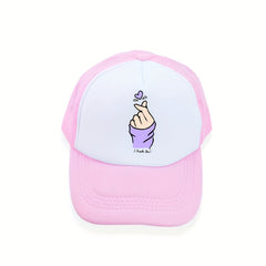 Heart Gesture Print Trucker Hat Y2K Pink Block Baseball Cap